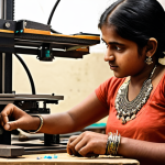 **Image Prompt:** A vibrant workshop scene showcasing a young Indian artisan using a 3D printer to create intricate metal jewelry, while traditional hand-hammered metal crafts are displayed in the background. Focus on the fusion of old and new techniques, highlighting the beauty and detail of the metalwork.