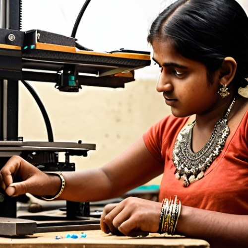 Home 19 **Image Prompt:** A vibrant workshop scene showcasing a young Indian artisan using a 3D printer to create intricate metal jewelry, while traditional hand-hammered metal crafts are displayed in the background. Focus on the fusion of old and new techniques, highlighting the beauty and detail of the metalwork.