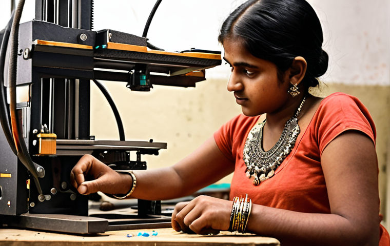 **Image Prompt:** A vibrant workshop scene showcasing a young Indian artisan using a 3D printer to create intricate metal jewelry, while traditional hand-hammered metal crafts are displayed in the background. Focus on the fusion of old and new techniques, highlighting the beauty and detail of the metalwork.