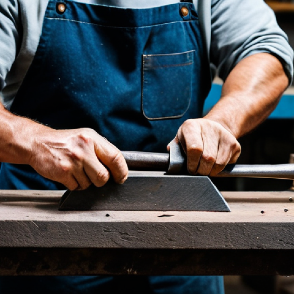 A skilled metal artisan, fully clothed in professional work attire, meticulously hammering a piece of metal on an anvil in a well-organized, traditional workshop. The artisan is focused on their craft, surrounded by various hand tools and raw metal sheets. The scene emphasizes dedication to learning and foundational techniques. Perfect anatomy, correct proportions, natural pose, well-formed hands, proper finger count, natural body proportions. High-resolution professional photography, natural lighting, safe for work, appropriate content, modest clothing, family-friendly.
