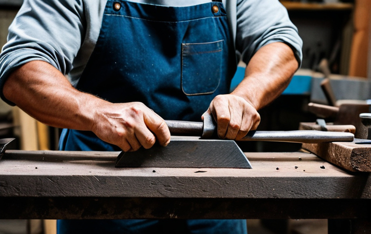 A skilled metal artisan, fully clothed in professional work attire, meticulously hammering a piece of metal on an anvil in a well-organized, traditional workshop. The artisan is focused on their craft, surrounded by various hand tools and raw metal sheets. The scene emphasizes dedication to learning and foundational techniques. Perfect anatomy, correct proportions, natural pose, well-formed hands, proper finger count, natural body proportions. High-resolution professional photography, natural lighting, safe for work, appropriate content, modest clothing, family-friendly.