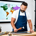 A contemporary metal craft artisan, fully clothed in a professional yet modest workshop apron, stands confidently in a bright, well-organized studio. One hand holds a traditional metalworking hammer, while the other gestures towards a laptop screen displaying a world map and a successful e-commerce storefront with intricate metal art. Traditional tools are neatly arranged on a workbench alongside a modern tablet showing social media analytics. The scene emphasizes global reach and the success of digital marketing. Professional photography, high quality, vibrant colors, detailed, realistic. safe for work, appropriate content, fully clothed, family-friendly, perfect anatomy, correct proportions, natural pose, well-formed hands, proper finger count, natural body proportions.