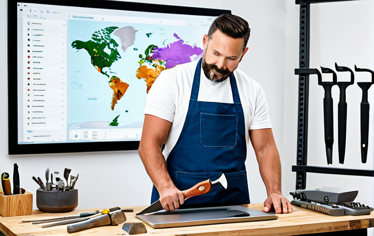 A contemporary metal craft artisan, fully clothed in a professional yet modest workshop apron, stands confidently in a bright, well-organized studio. One hand holds a traditional metalworking hammer, while the other gestures towards a laptop screen displaying a world map and a successful e-commerce storefront with intricate metal art. Traditional tools are neatly arranged on a workbench alongside a modern tablet showing social media analytics. The scene emphasizes global reach and the success of digital marketing. Professional photography, high quality, vibrant colors, detailed, realistic. safe for work, appropriate content, fully clothed, family-friendly, perfect anatomy, correct proportions, natural pose, well-formed hands, proper finger count, natural body proportions.