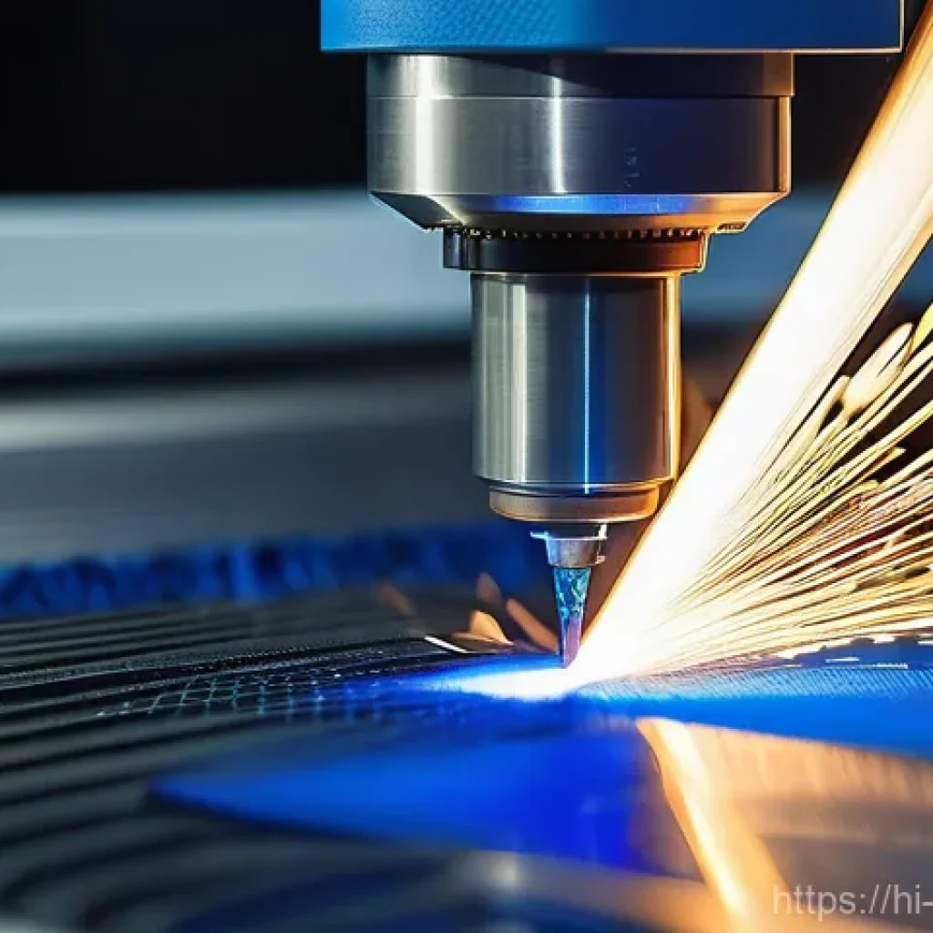 레이저 커팅 금속공예 - **Prompt:** A close-up, dynamic shot of a powerful fiber laser cutting machine in action, precisely ...