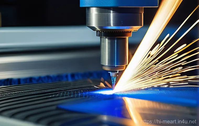 레이저 커팅 금속공예 - **Prompt:** A close-up, dynamic shot of a powerful fiber laser cutting machine in action, precisely ...