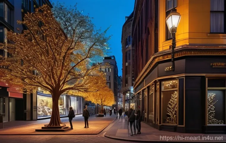 금속공예와 공공예술 프로젝트 - **Prompt:** A vibrant, bustling city street scene at dusk. An expansive, old brick wall, once dull a...