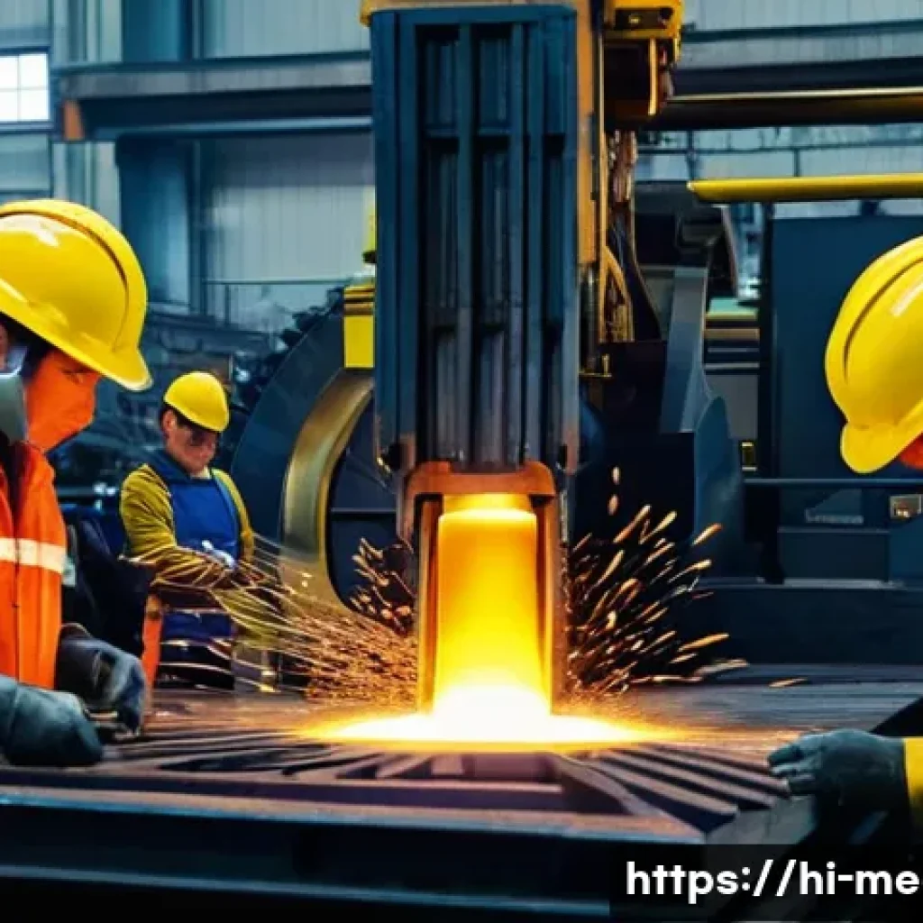 샌드캐스팅과 로스트왁스 비교 - **Sand Casting: Industrial Powerhouse**
    "A dynamic, wide-angle shot of a busy industrial foundry...