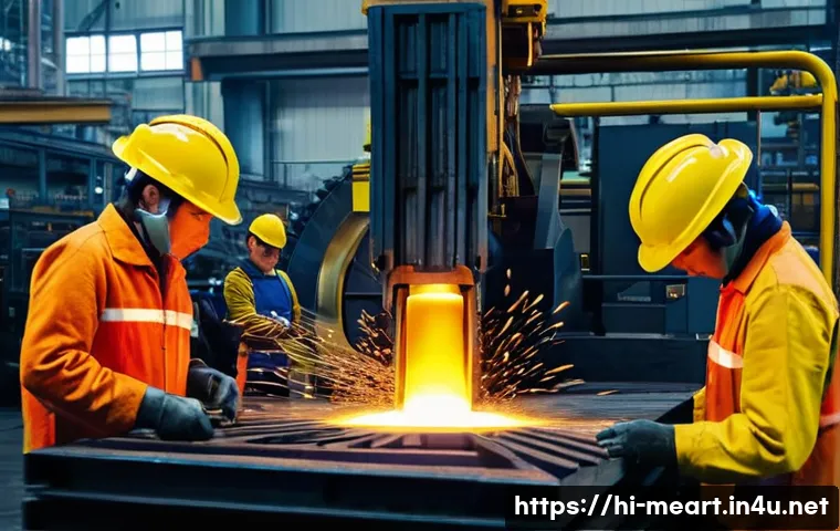 샌드캐스팅과 로스트왁스 비교 - **Sand Casting: Industrial Powerhouse**
"A dynamic, wide-angle shot of a busy industrial foundry...