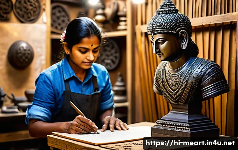 금속공예 창작과 저작권 문제 - A skilled Hindi artisan crafting intricate metal sculptures in a traditional workshop setting, surro...