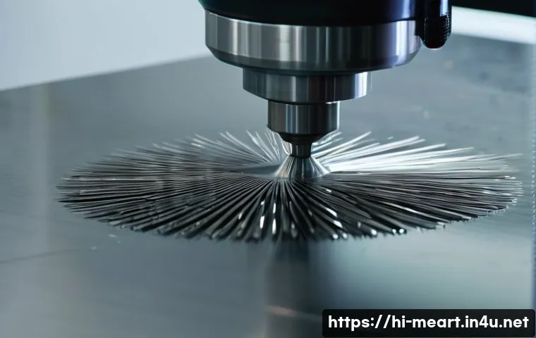 스테인리스 스틸 가공법 - A highly detailed close-up of stainless steel surface undergoing precision polishing by a CNC polish...