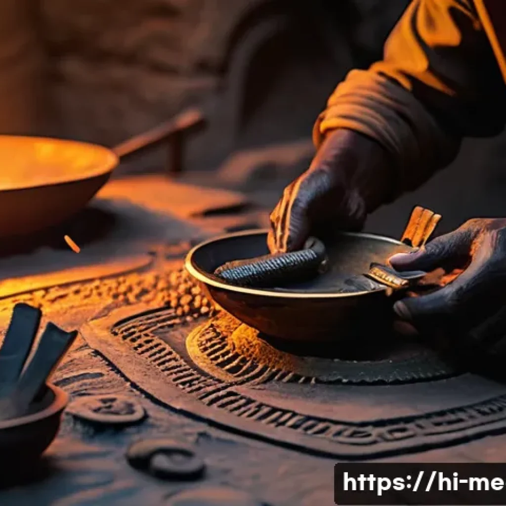 금속공예의 역사 - A detailed close-up of an ancient Indian bronze artisan's workshop during the Bronze Age, featuring ...