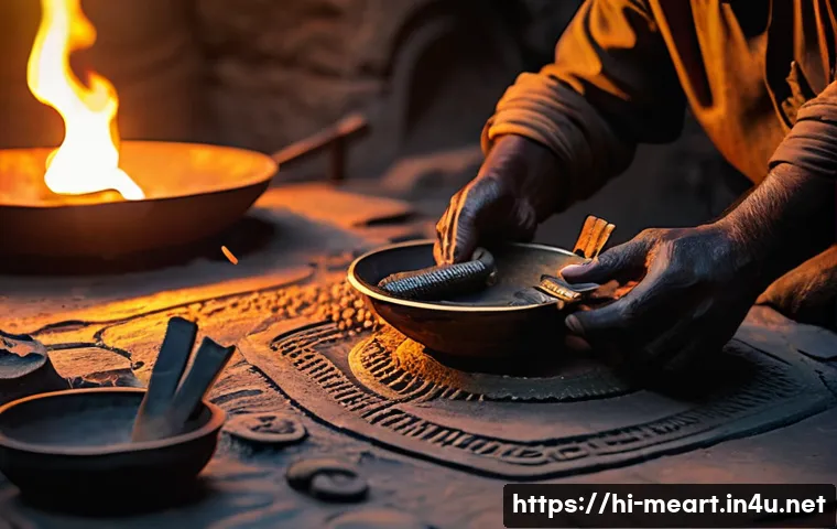 금속공예의 역사 - A detailed close-up of an ancient Indian bronze artisan's workshop during the Bronze Age, featuring ...