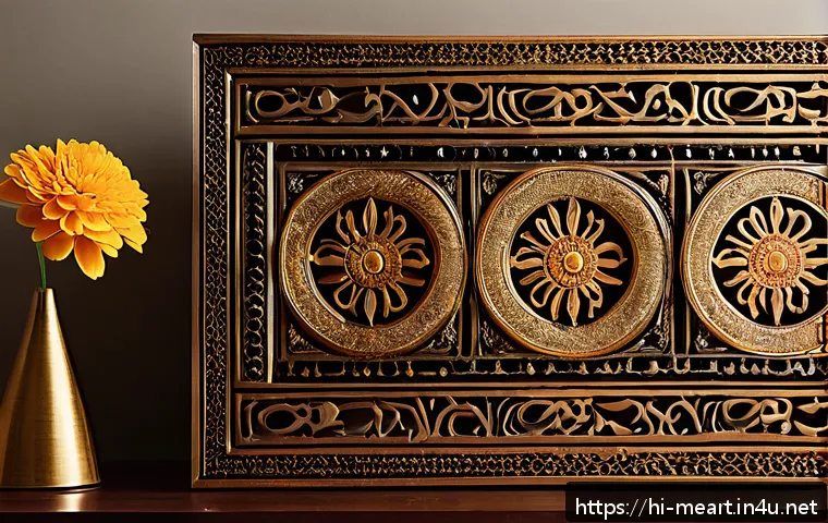 금속공예 온라인 판매 노하우 - A beautifully crafted metal art piece combining traditional Indian motifs with modern design element...
