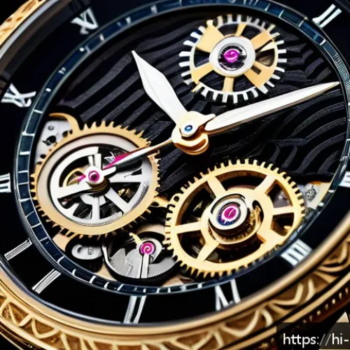 금속공예와 시계 제작 - A close-up, highly detailed image of a traditional mechanical wristwatch showcasing intricate gears,...