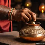 금속공예 제품 내구성 테스트 - A close-up scene of a traditional Indian artisan gently tapping a handcrafted copper and brass metal...
