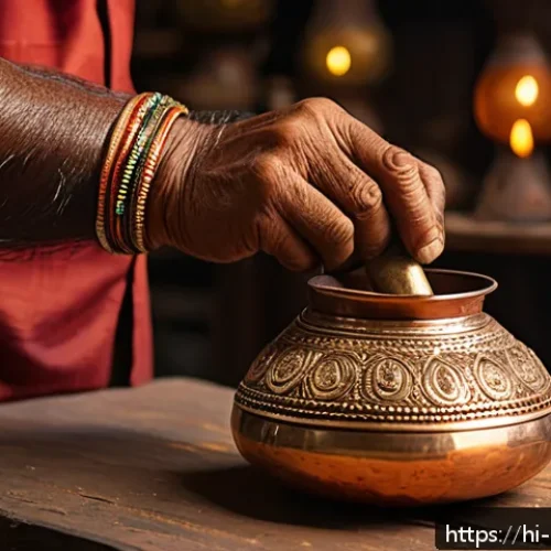 금속공예 제품 내구성 테스트 - A close-up scene of a traditional Indian artisan gently tapping a handcrafted copper and brass metal...