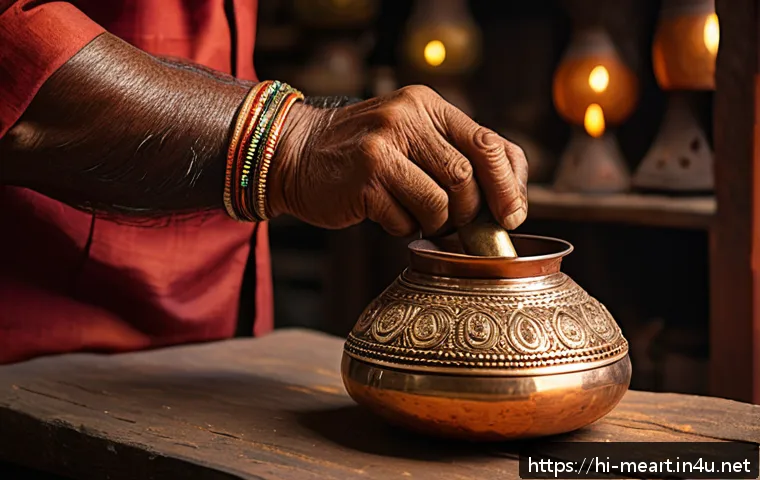 금속공예 제품 내구성 테스트 - A close-up scene of a traditional Indian artisan gently tapping a handcrafted copper and brass metal...