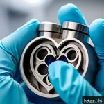 금속공예와 의료기기 디자인 - A highly detailed close-up of a 3D printed titanium heart valve designed for medical use, showcasing...