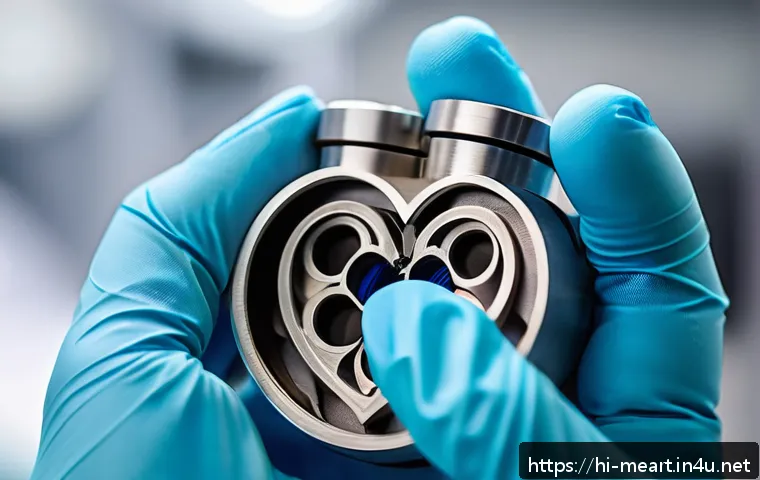 금속공예와 의료기기 디자인 - A highly detailed close-up of a 3D printed titanium heart valve designed for medical use, showcasing...
