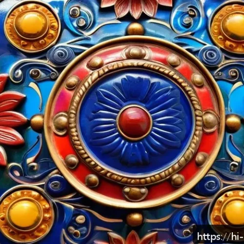 금속공예와 컬러 트렌드 - A vibrant close-up of traditional Indian metal craft artwork featuring copper, brass, and iron eleme...