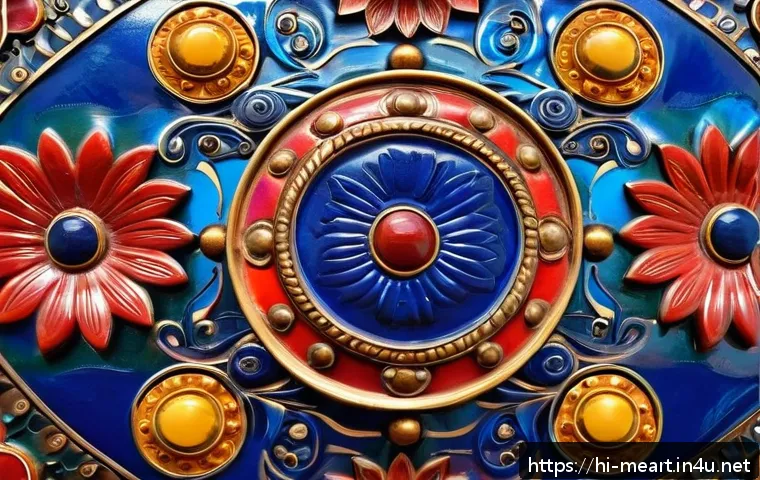 금속공예와 컬러 트렌드 - A vibrant close-up of traditional Indian metal craft artwork featuring copper, brass, and iron eleme...