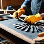 금속공예 작업대 세팅 - A detailed metal art workshop scene showing a craftsman&rsquo;s hands holding balanced, comfortable hammer...