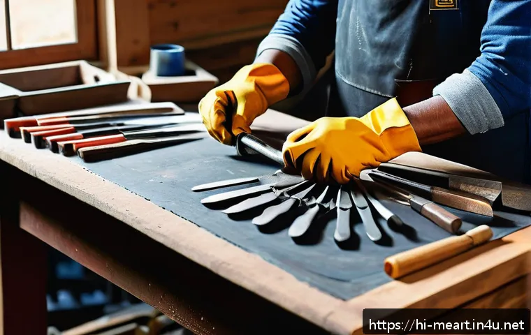 금속공예 작업대 세팅 - A detailed metal art workshop scene showing a craftsman&rsquo;s hands holding balanced, comfortable hammer...