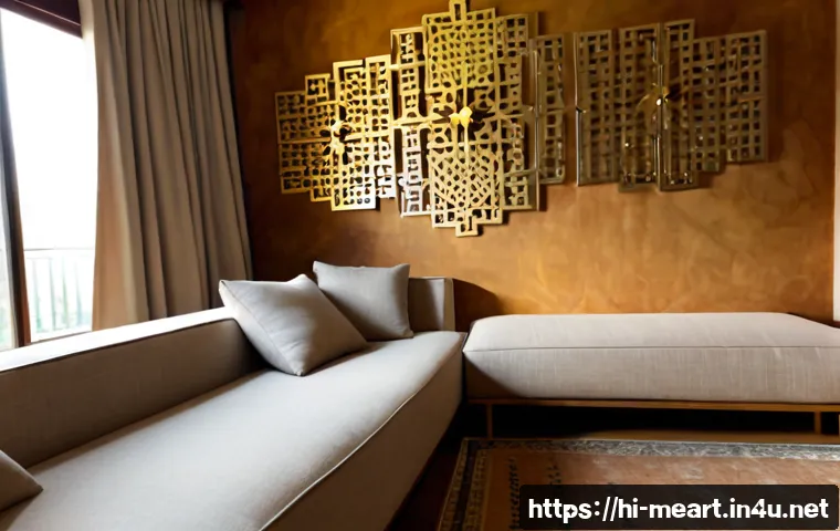 금속공예와 실내 인테리어 - Photorealistic contemporary Indian living room featuring a handcrafted brass wall sculpture with ele...