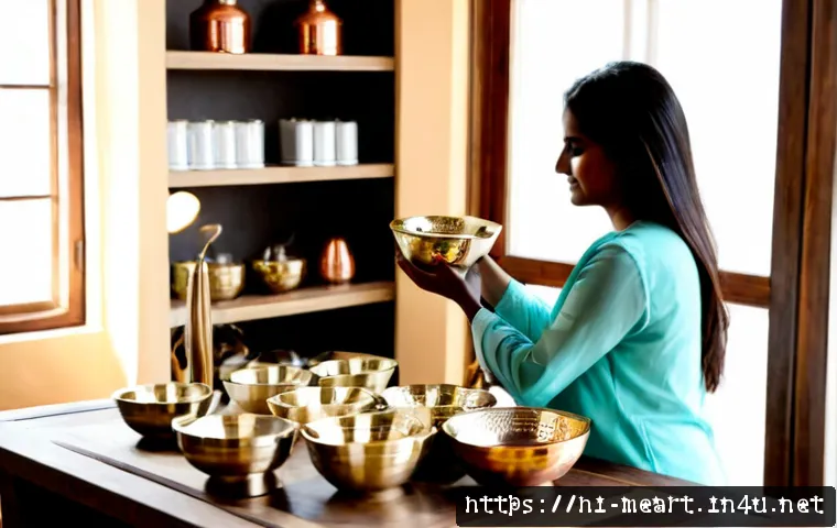 금속공예 마케팅 전략 - Photorealistic Indian metal craft entrepreneur arranging handcrafted brass bowls, copper lamps, and ...
